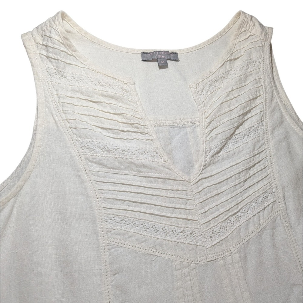 Saint Tropez West Pintuck Top Linen Blend Sleeveless Lace Boho Womens Medium